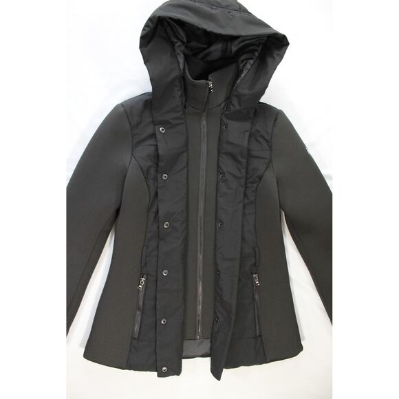 Michael Michael Kors Hooded Puffer Jacket S Black Mixed Media Zip - Picture 2 of 11